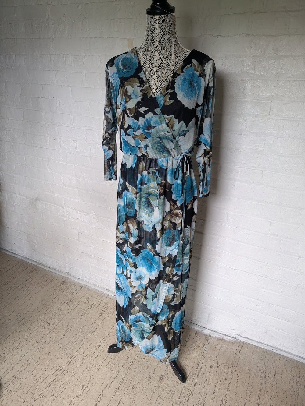 Connected Apparel Floral Maxi Dress in Blue and Black